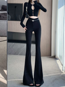 กางเกงขายาวทรงหลวมเอวสูงทรงขาบานสำหรับผู้หญิง กางเกงขายาวทรงเข้ารูปผ้ากำมะหยี่หนาสไตล์ฤดูใบไม้ร่วง/ฤดูหนาว