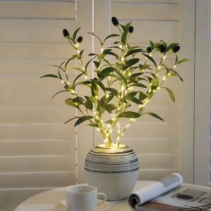 6 Forks Artificial Plant Olive Branch LED Light DIY Handcrafted Home Office Desk Counter Night Light Decoration 45cm