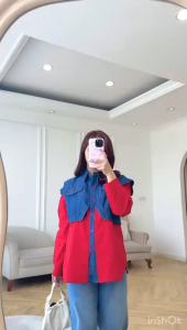 NANDO ATASAN KEMEJA MERAH PUTIH WANITA DENIM KOMBINASI KATUN POPLIN OVERSIZED