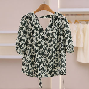 Retro Floral V-Neck Chiffon Shirt With Back Neck Ribbon Decoration