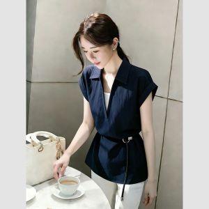 QFN | Pseudo Two-Piece Stylish French Pinched Waist Shirt Blue