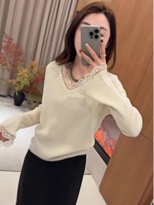 chaqi | Elegant Long Sleeve V-Neck T-Shirt Womens Slim Fit Base Shirt Lace Edge Patchwork Design Spring Autumn Charming Inner Wear Top
