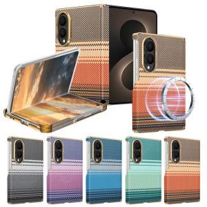 Gradient Woven Textured Case for Samsung Galaxy Z Fold 8 Ultra/8/7/6  Gold Electroplated Frame Built‑in Magnetic Charging Hinge Protection Shockproof Protective Cover
