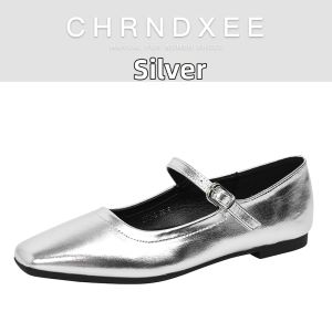 CHRNDXEE | Flat Silver Mary Jane Square Toe Single Shoes