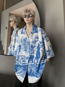 Cuba Collar Floral Print Ice Silk Half Sleeve Shirt Mens Summer Casual Loose Fit No Ironing Required Thin Fabric Seven Sleeve