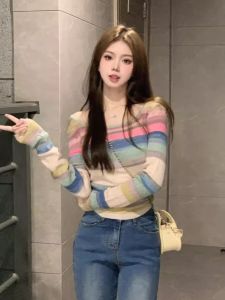 Áo Thun Nữ Tay Dài Cổ Vuông Họa Tiết Sọc Cỡ Lớn Mùa Xuân Thiết Kế Nhỏ Gọn Chất Liệu Polyester Cotton Pha Trộn Thường Ngày