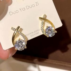 good 999 18K gold Korean fashion cross zircon temperament elegant shiny earrings ES6906-6907