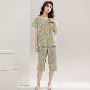 Ladies Cotton Silk Sleepwear Summer Loose plus Size Short Sleeve Seven-Foot Pants Artificial Cotton Home Clothes Set Mid-Aged Mom Summer Outfit