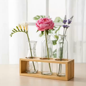 Kệ Gỗ 3 Ô Kèm 3 Lọ Hoa Thủy Tinh Eo Nhỏ Lục Giác Tròn Decor Bàn Làm Việc - K3CM
