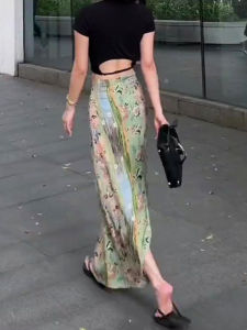 Summer New High Waist Printed Asymmetrical Hemline Womens Skirt Elegant Lightweight Loose Fit Fish Tail Skirt Korean Style