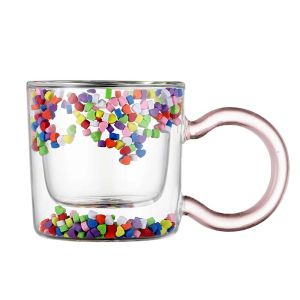 Multicolor Heart Shaped Quicksand Cup Cute Girl Heart Creative Double Layer Glass Transparent Coffee Mug Milk Tea Water Glass