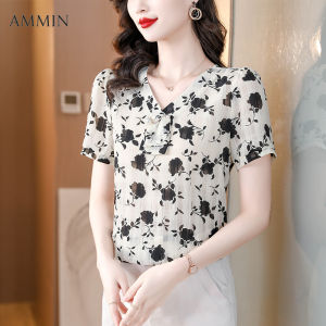 AMMIN เสื้อคอวีแขนสั้นสำหรับผู้หญิงเสื้อคอวีเสื้อสตรีผ้าฝ้ายดอกไม้แฟชั่นใหม่2023ออกแบบให้ความรู้สึกเหมาะกับฤดูร้อน