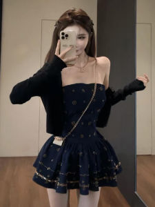 ชุดเดรสคอวีแขนกุดสไตล์ฝรั่งเศสย้อนยุค SYJ สำหรับผู้หญิง ชุดเดรสทรงเอเอวสูง ชุดเดรสสั้นทรงเอ ชุดเดรสสั้นทรงเอ