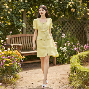 Cute Fake Pocket Decoration Fitted Square Neck Short Sleeve Dress