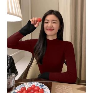 ผู้หญิง ชั้นฐานถัก เสื้อสเวตเตอร์ ครึ่งสูง ปกเสื้อ บล็อกสีขนด้านใน ฤดูใบไม้ร่วง ฤดูหนาว รูปแบบใหม่ สลิมฟิต เสื้อท่อนบน