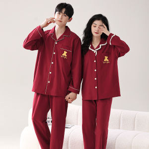 miiow | Newlywed Couple Red Cotton Pajamas Set For Spring Autumn Cotton Long Sleeve Sleepwear Home Clothes Matching Men Women