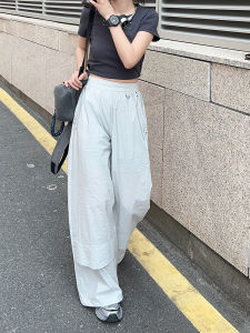 MeiYang Silver Bead Casual Pants Wrinkles Silver Thread Wide Leg High Waist Straight Cut Polyester Fiber Loose Fit Summer 2025