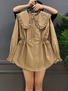 Korean Style Sweet Younger Peter Pan Collar Cardigan Outwear Spring New Arrival Plus Size Womens Drawstring Slim Looking Shirt Oversized Girls Top