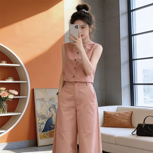 Shalldoer | Bộ Đồ Nữ Mùa Hè Phong Cách Hong Kong Cổ Điển Áo Dây Tay Ngắn và Quần Tây Cao Waist Rộng