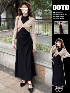 Elegant Black Neckline Dress Set Womens Early Autumn New Style Long Skirt High Waist A-Line Sweet Style Casual Fashion