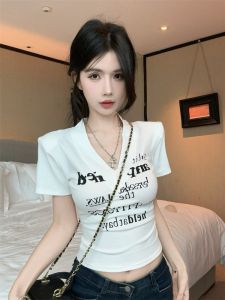 GUZILIAN | American Spicy Letter V Neck Shoulder Pad Base Shirt Womens Inner Spring Summer Short Sleeve Slim Fit Commute Style Base Shirt