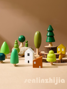 Scandinavian Wooden Forest Tree Decoration Tree House Building Blocks Rainbow Green Small House Stone Micro Landscape