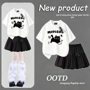 Bộ Đầm Mùa Hè Cho Bé Gái Thiết Kế Mèo Hoạt Hình Từ Cotton Sạch