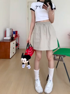 [Womens A-line skirt with lined safety pants]กระโปรงทรงเอเอวสูงสีพื้นสไตล์ย้อนยุคสไตล์อเมริกันสำหรับผู้หญิงในช่วงฤดูร้อน