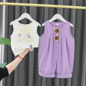 Girls Cartoon Bib Overalls Set Summer New Style Childrens Versatile Top Korean Version Two-Piece Set Cotton Sleeveless Dress