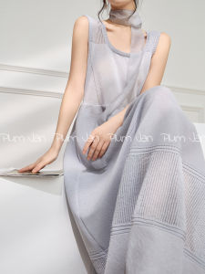 Plum Jan Summer Sleeveless Knitted Dress U-Neck Vest High Waist A-Line Skirt Korean Style Womens Fashion Commute Dress