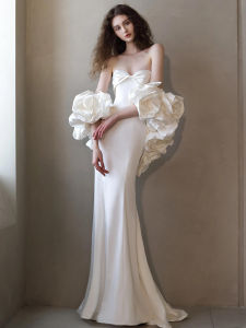 เรียบหรู สไตล์ฝรั่งเศส งานแต่งงาน เดรส ผ้าซาติน ผ้าเจ้าสาว ชุดราตรี ดอกไม้ทํามือหางปลายาว สำหรับงานกลางคืน ชุดราตรี สําหรับผู้หญิง