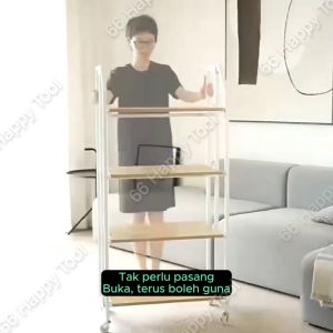 4 Layer Foldable Multi-functional Shelves Rack Movable Wood Rak Dapur Serbaguna Kabinet Caster Wheel Pulley Cabinet