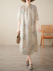 ชุดเดรสคอตตอนลินินหลวมพิมพ์ลายดอกไม้สไตล์จีนใหม่ ทรงเอ แขนสั้น กระโปรงยาว ฤดูร้อน 2025 ชุดเดรสผู้หญิง