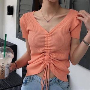 Ice Silk Knitted Short Sleeve V-Neck Womens T-Shirt Summer Chic Slim Fit Drawstring Versatile Top Commute Style Casual Wear