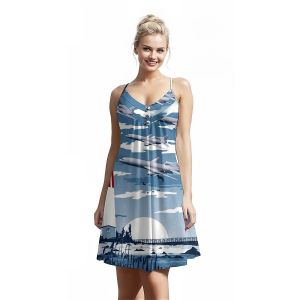 Jumeast Airplane Pattern Women Fashion Button Sling Dress Landscape 3D Printed Beach Elegant Skirt Tropical Hawaiian Casual Clothing