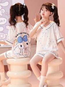 Áo Ngủ Trẻ Em Cổ Chữ V Tay Ngắn Bằng Lụa Băng Mùa Hè Cho Bé Gái Phong Cách Công Chúa Bộ Đồ Mặc Nhà Họa Tiết Hoạt Hình Chó Gấu Bao Gồm