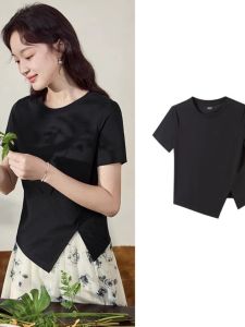 plus Size Asymmetrical Short Sleeve T-Shirt Women Summer Hide Belly Slimming White Shoulder Appropriate Top Casual Pure Color