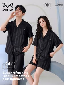 miiow | Couples Ice Silk Sleepwear Short Sleeve Casual Loose Plus Size Mens Home Clothes Cat Person Brand 2025 Summer New Arrival
