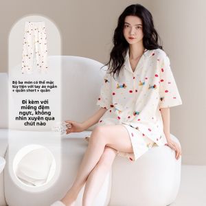 MiiOW | Bộ đồ ngủ cotton nguyên chất mùa hè cho nữ Bộ đồ ngủ tay ngắn có đệm ngực Bộ đồ mặc nhà ba mảnh có thể mặc ngoài trời