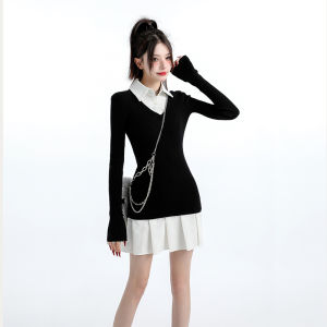 Original Autumn Winter Long Sleeve Slim Fit Knitted Pleated Dress Womens Fashion College Style Spicy Girl Fake Two-Piece Dress