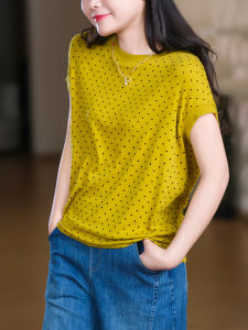XIAOER | French Polka Dots Shoulder Flutter Sleeves Skin-Friendly Cotton T-Shirt