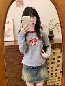 Cream Universe Affixed Cloth Embroidered Apple Bows Inner Wear Long Sleeve T-shirt Womens Preppy Style Short Top Early Autumn New Arrival