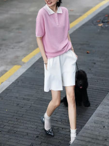 BOGUDU | Summer Simple Style Pink Collar Top And White Shorts Set