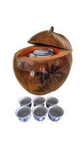 Bộ bình ủ trà trái dừa khắc hình 3 cây dừa / Bình trà 04 - 09 lít / Sản phẩm sản xuất thủ công tại Bến Tre