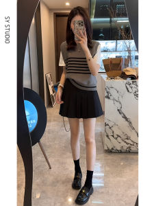 Early Autumn Fashion Knitted Set 2025 New Style Spliced Design Sense Pleated Mini Skirt Top And Bottoms Two-Piece Ensemble