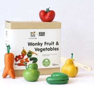 PlanToys Realistic Wooden Odd Shaped Fruits And Vegetables Cutting Fun Educational Pretend Play Toys for Children