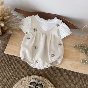 Autumn New Baby White Embroidered Flower Camisole Suit Two Piece Set Baby Bodysuits Newborn Baby Girl Clothes
