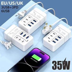 PD USB Quick Charging Wall Chargers USB Hub Adapter 6 Ports EU US UK Plug Cellphone Travel Wall Charging Extension Socket Outlet
