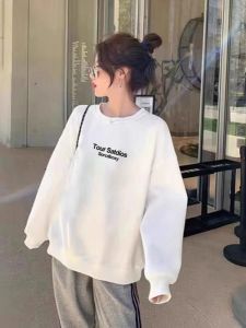 White round Neck Sweatshirt Womens Mid-Length Butt Covering Hatless Top European Large Size Outerwear Trendy Streetwear