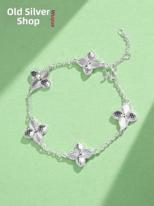 WU YUE JEWELRY | Sterling Silver Four-leaf Clover Minimalist Fashionable Womens Silver Bracelet